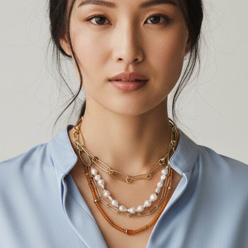 NWT Express Link Necklace with layered design faux pearls chain and orange beads